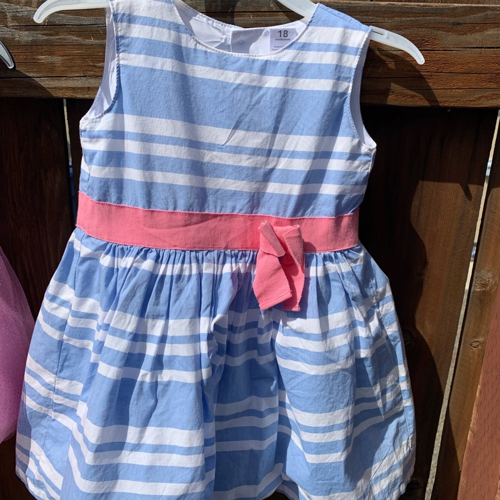 Blue and White Striped Kids Dress with Pink Bow Accent Size 18 Mo Church Dress